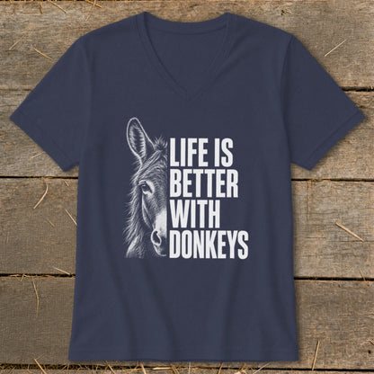 Navy v-neck t-shirt with donkey graphic and "Life is Better With Donkeys" text.
