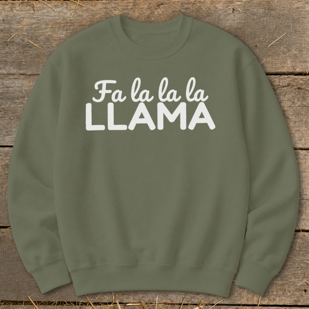 Olive green sweatshirt with "Fa la la la LLAMA" in white text.