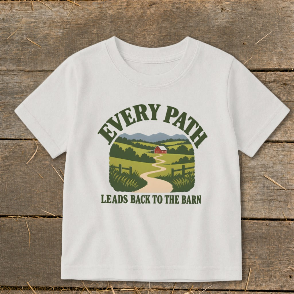 White t-shirt with curved text "EVERY PATH" over a rural landscape leading to a barn.