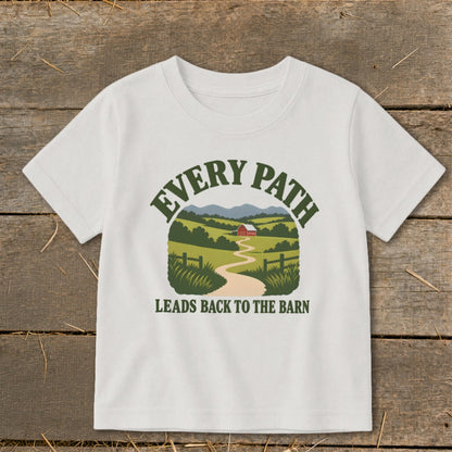 White t-shirt with curved text "EVERY PATH" over a rural landscape leading to a barn.
