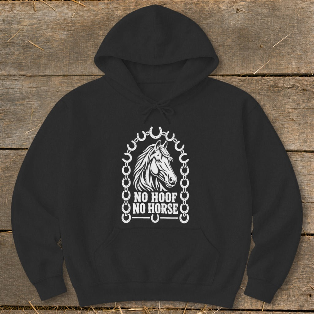 Black hoodie with white horse graphic and "NO HOOF NO HORSE" text.