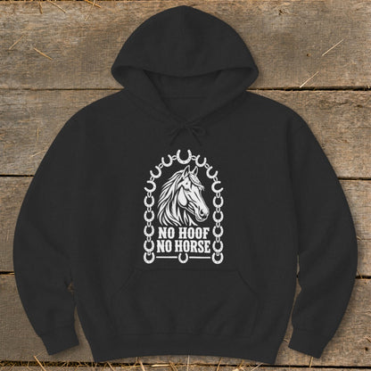 Black hoodie with white horse graphic and "NO HOOF NO HORSE" text.