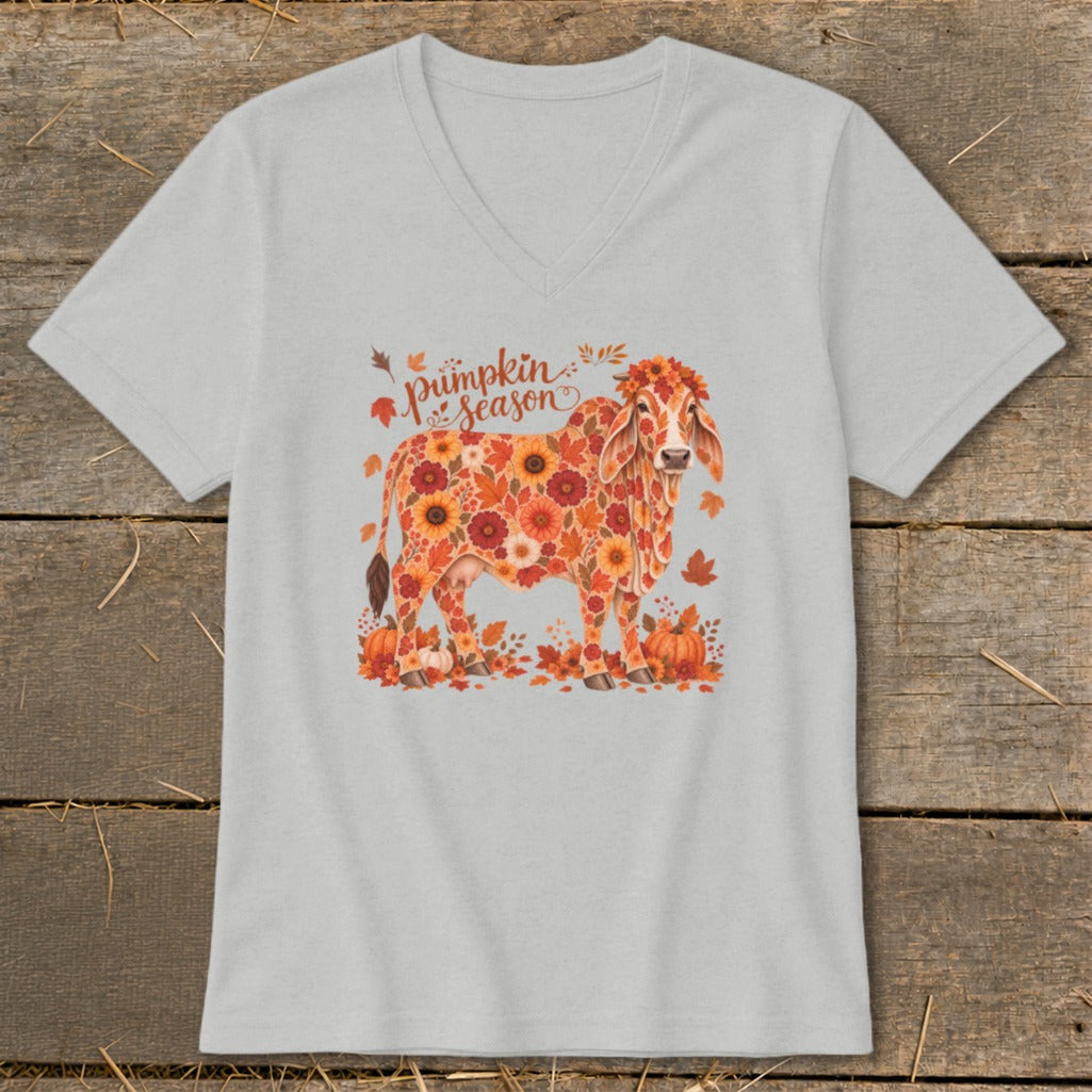 Fall Floral Brahman Cow V-neck