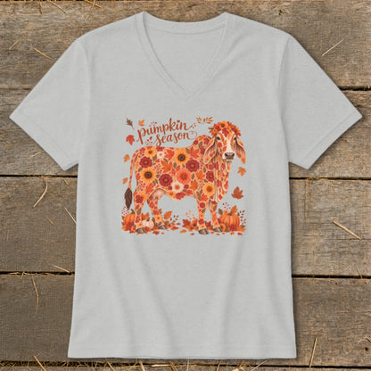 Fall Floral Brahman Cow V-neck
