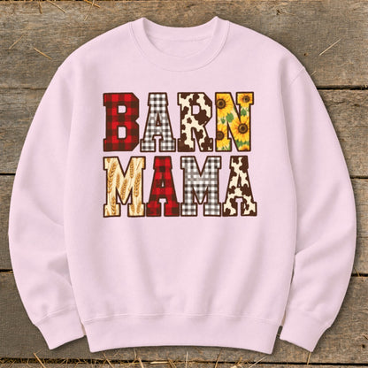 Pink sweatshirt with "BARN MAMA" text in patterned letters.