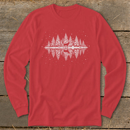 Red long-sleeve shirt with a white forest and deer reflection graphic.