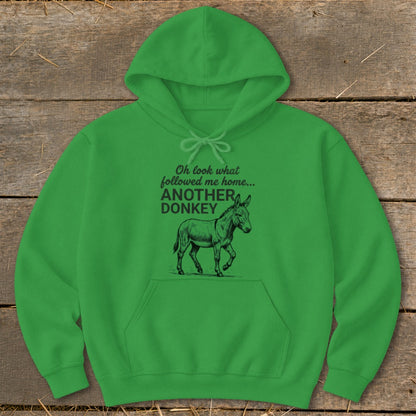 Green hoodie with "Oh look what followed me home... ANOTHER DONKEY" and a donkey illustration.