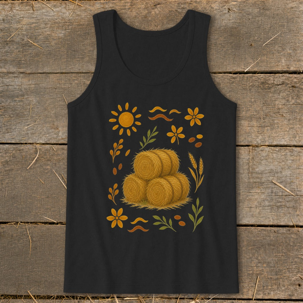 Black tank top with a fall harvest graphic featuring hay bales, sun, and flowers.