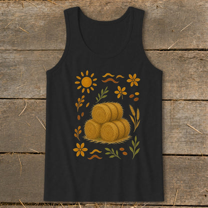 Black tank top with a fall harvest graphic featuring hay bales, sun, and flowers.
