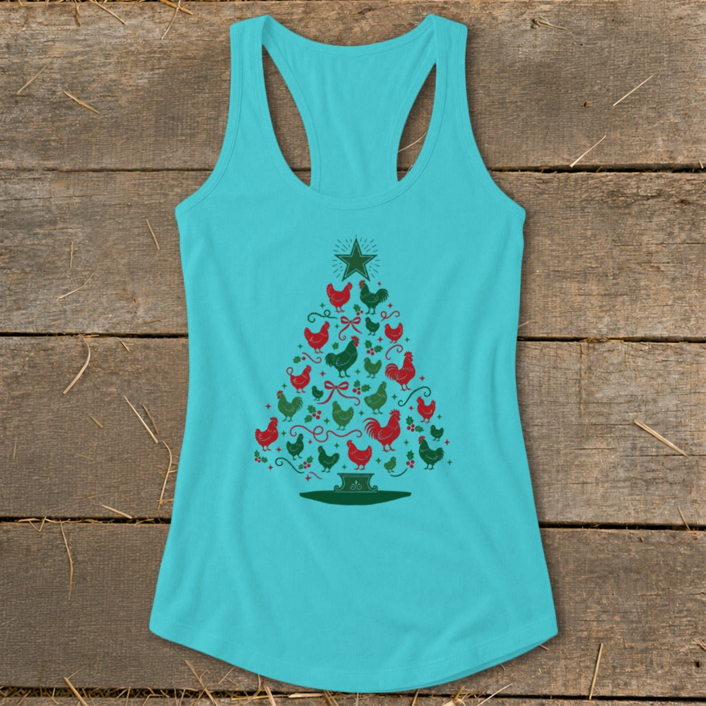 Turquoise tank top with a Christmas tree made of red and green chickens and holly.