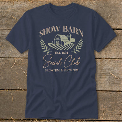 Navy t-shirt with "Show Barn Social Club" text and barn graphic.