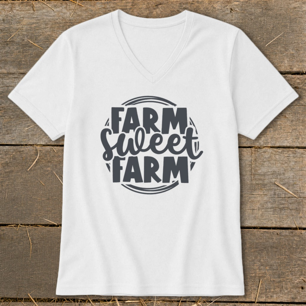 White v-neck t-shirt with "Farm Sweet Farm" text graphic inside a circle.