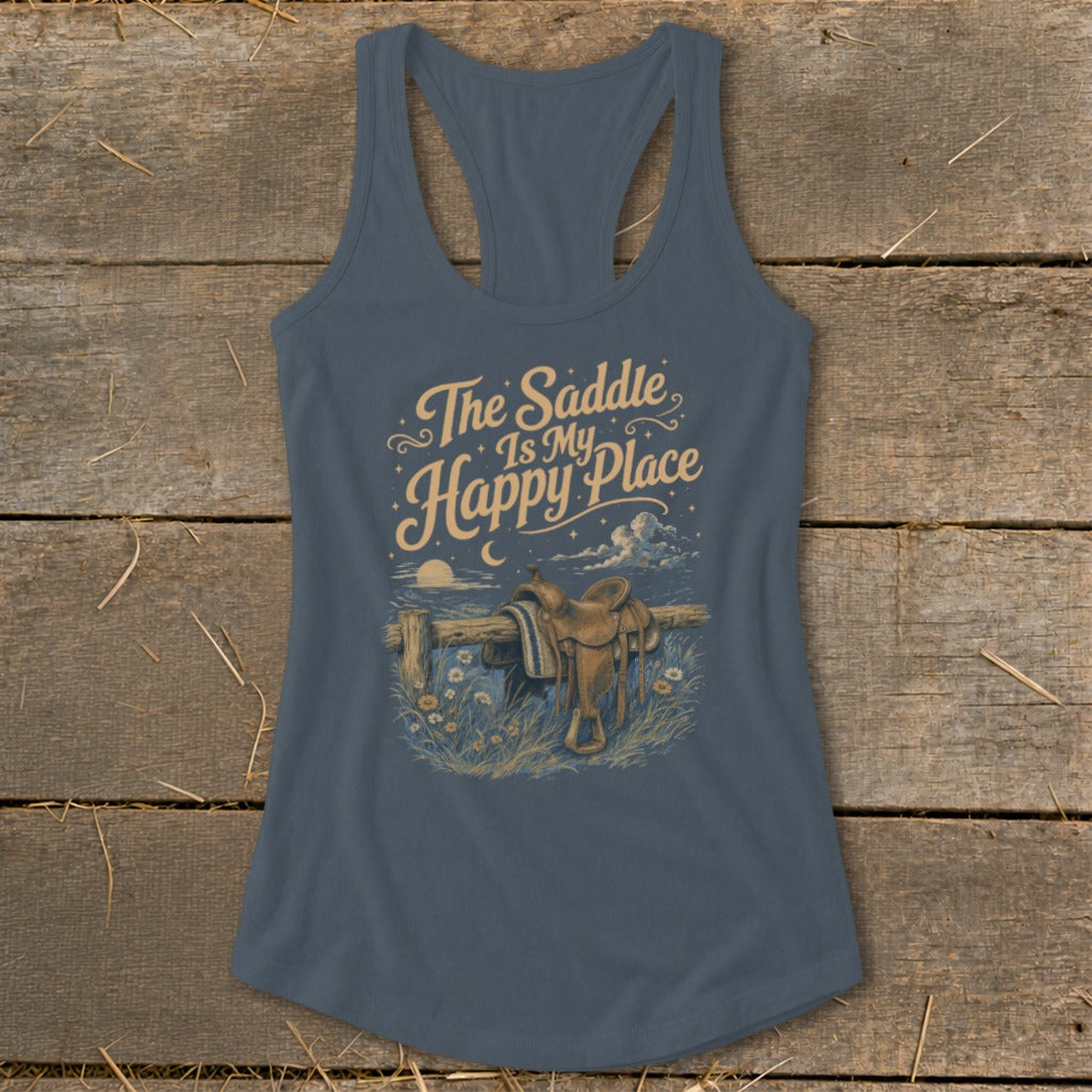 Blue tank top with "The Saddle Is My Happy Place" text and saddle graphic.