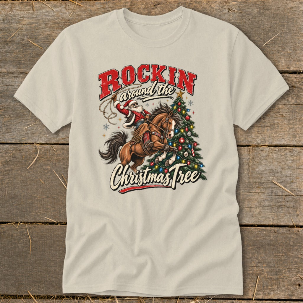 Santa riding a horse with a lasso near a Christmas tree, text "Rockin' around the Christmas Tree."