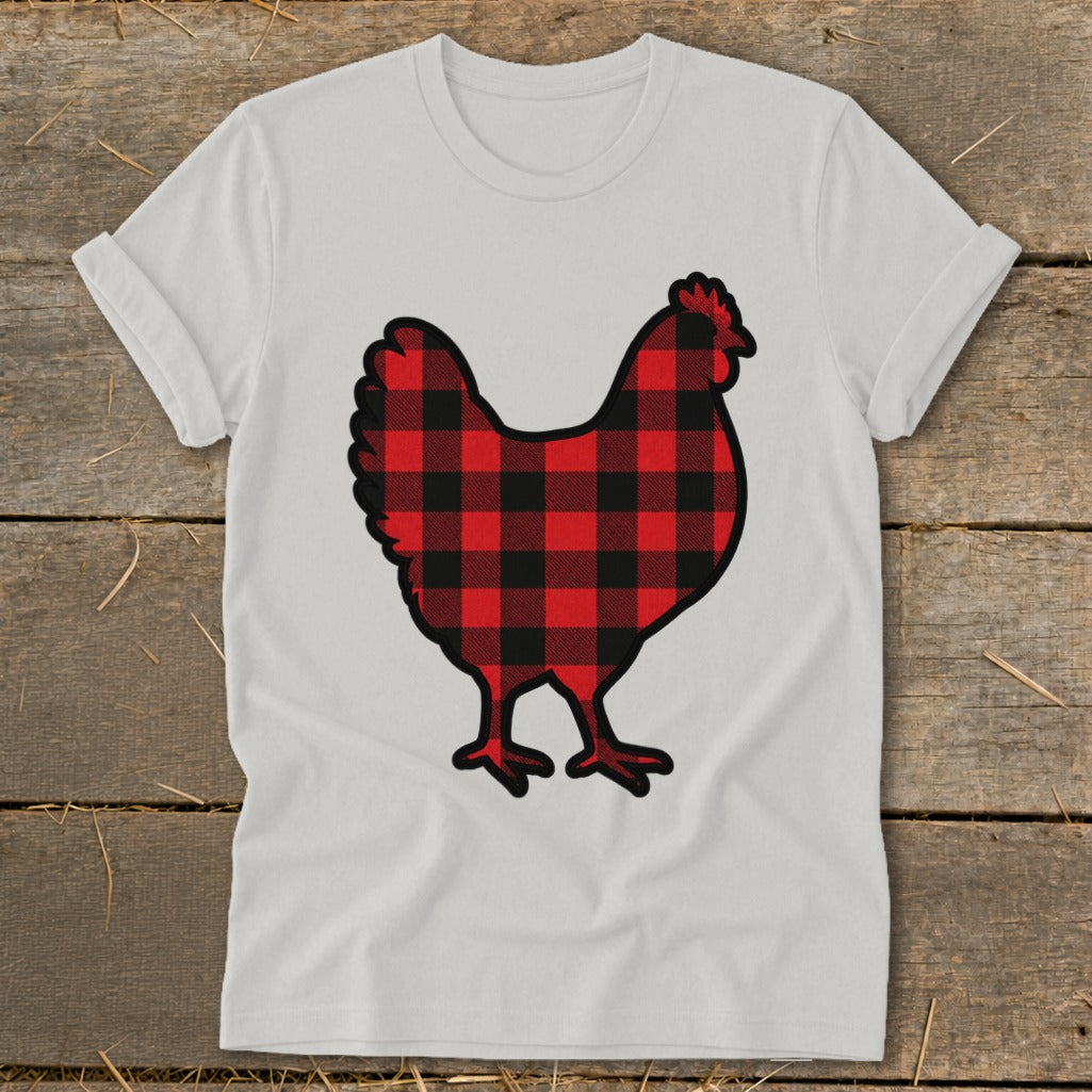White t-shirt with a black and red buffalo plaid chicken graphic.