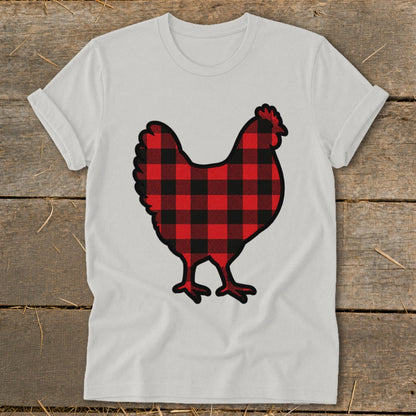 White t-shirt with a black and red buffalo plaid chicken graphic.