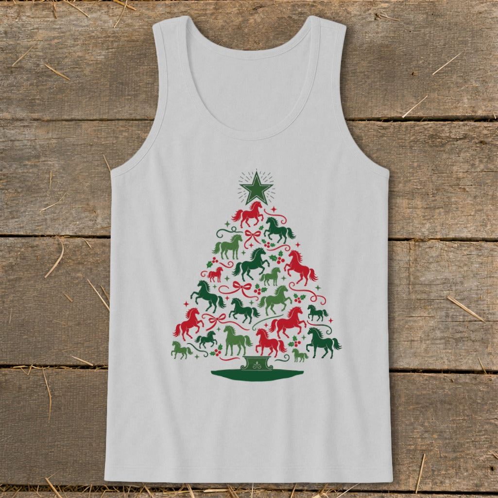 White tank top with a Christmas tree design made of red and green horses.