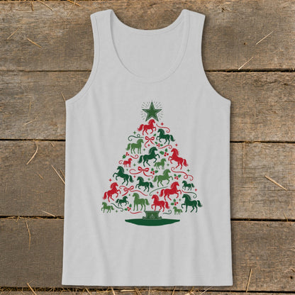 White tank top with a Christmas tree design made of red and green horses.