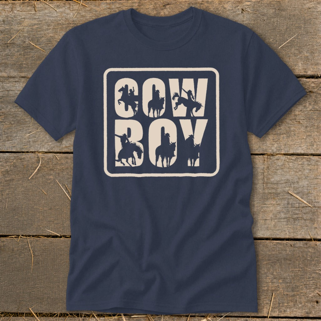 Navy t-shirt with "COWBOY" text and silhouette cowboys on horses.