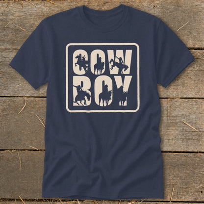 Navy t-shirt with "COWBOY" text and silhouette cowboys on horses.