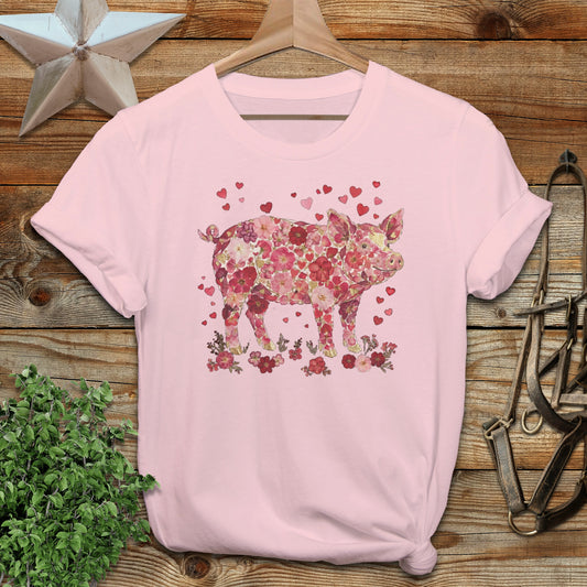 Floral Pig with Hearts Graphic Pink T-Shirt
