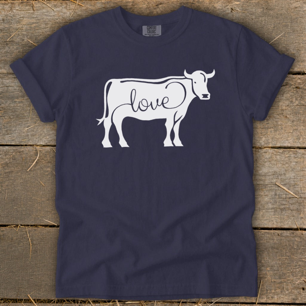 Navy t-shirt with white cow silhouette featuring the word "love" in cursive.