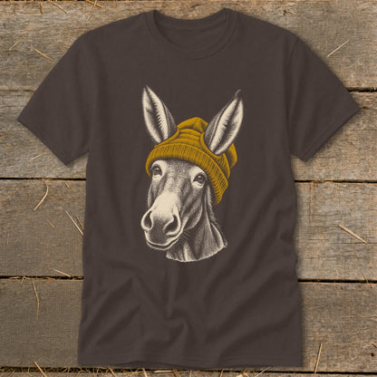 Donkey wearing a yellow beanie, front view, t-shirt design.
