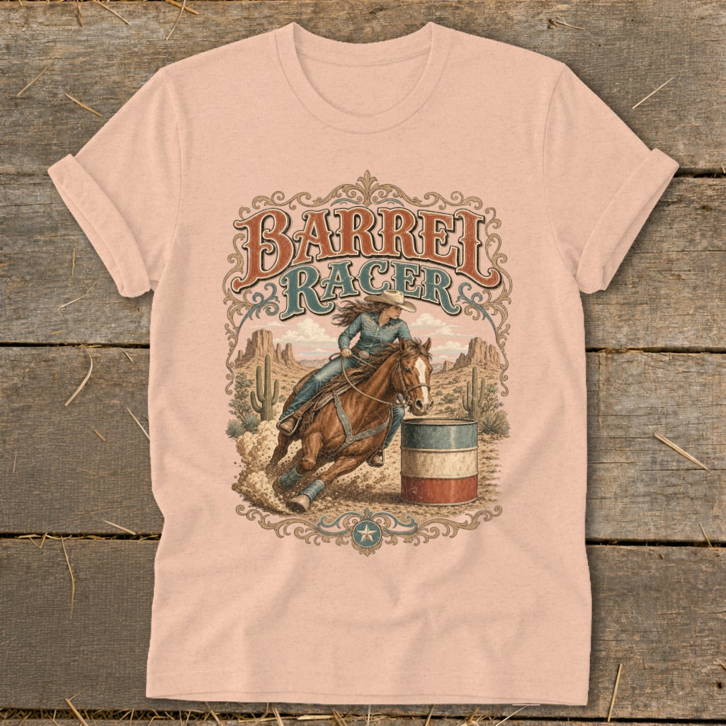 T-shirt graphic with "Barrel Racer" text, horse and rider in desert landscape.