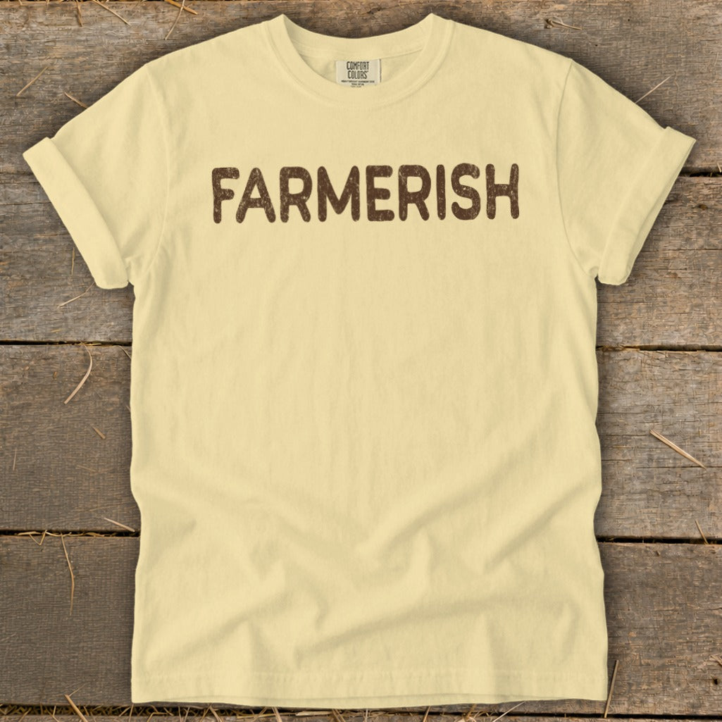 Cream t-shirt with brown "FARMERISH" text and Comfort Colors tag.