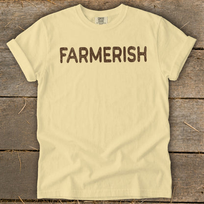 Cream t-shirt with brown "FARMERISH" text and Comfort Colors tag.