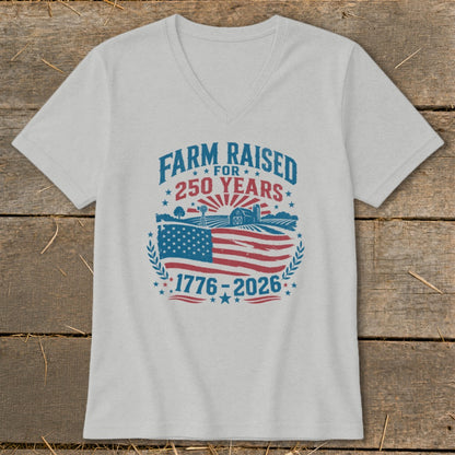 Farm Raised 250 Years 1776-2026 t-shirt with American flag and barn graphic.