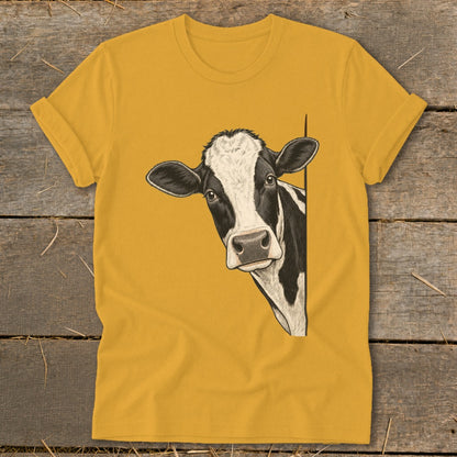 Yellow t-shirt with black and white cow illustration peeking from the right.