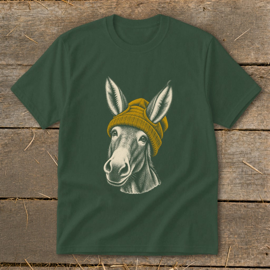 Donkey wearing a yellow beanie on a dark green t-shirt.