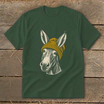 Donkey wearing a yellow beanie on a dark green t-shirt.
