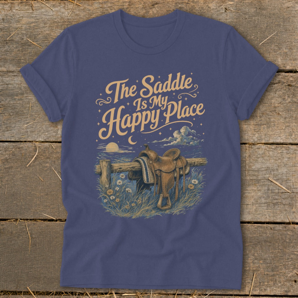 Navy t-shirt with "The Saddle Is My Happy Place" text and saddle graphic.