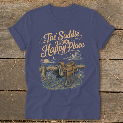 Navy t-shirt with "The Saddle Is My Happy Place" text and saddle graphic.