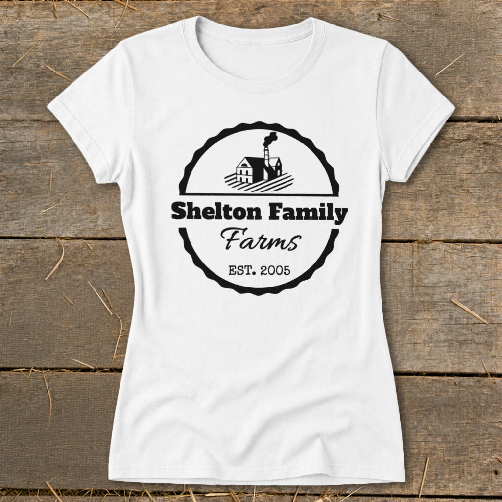 White t-shirt with Shelton Family Farms logo, established 2005