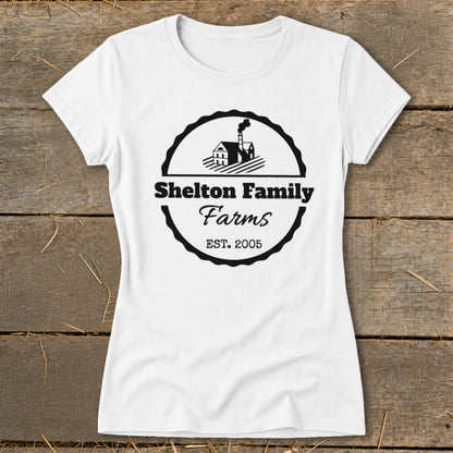 White t-shirt with Shelton Family Farms logo, established 2005