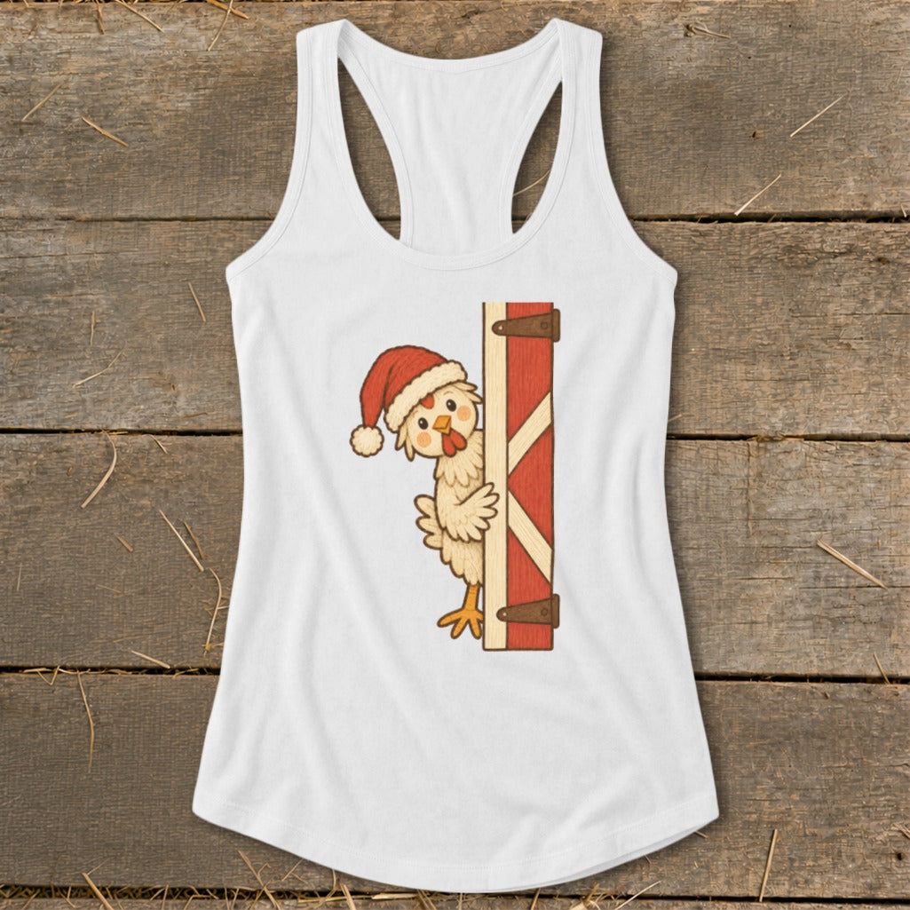 White tank top with a cartoon chicken wearing a Santa hat peeking from behind a barn door.