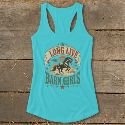 Turquoise tank top with "Long Live Barn Girls" text and horse graphic.