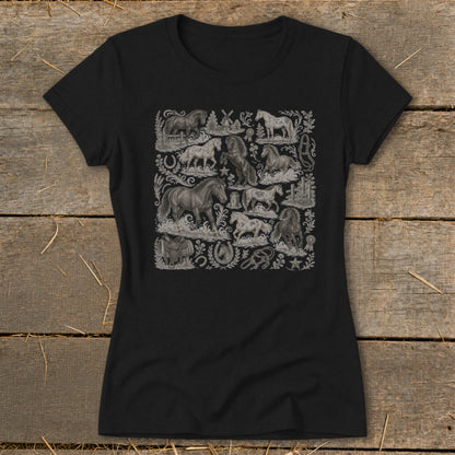Black t-shirt with a decorative pattern of horses, saddles, and Western elements.