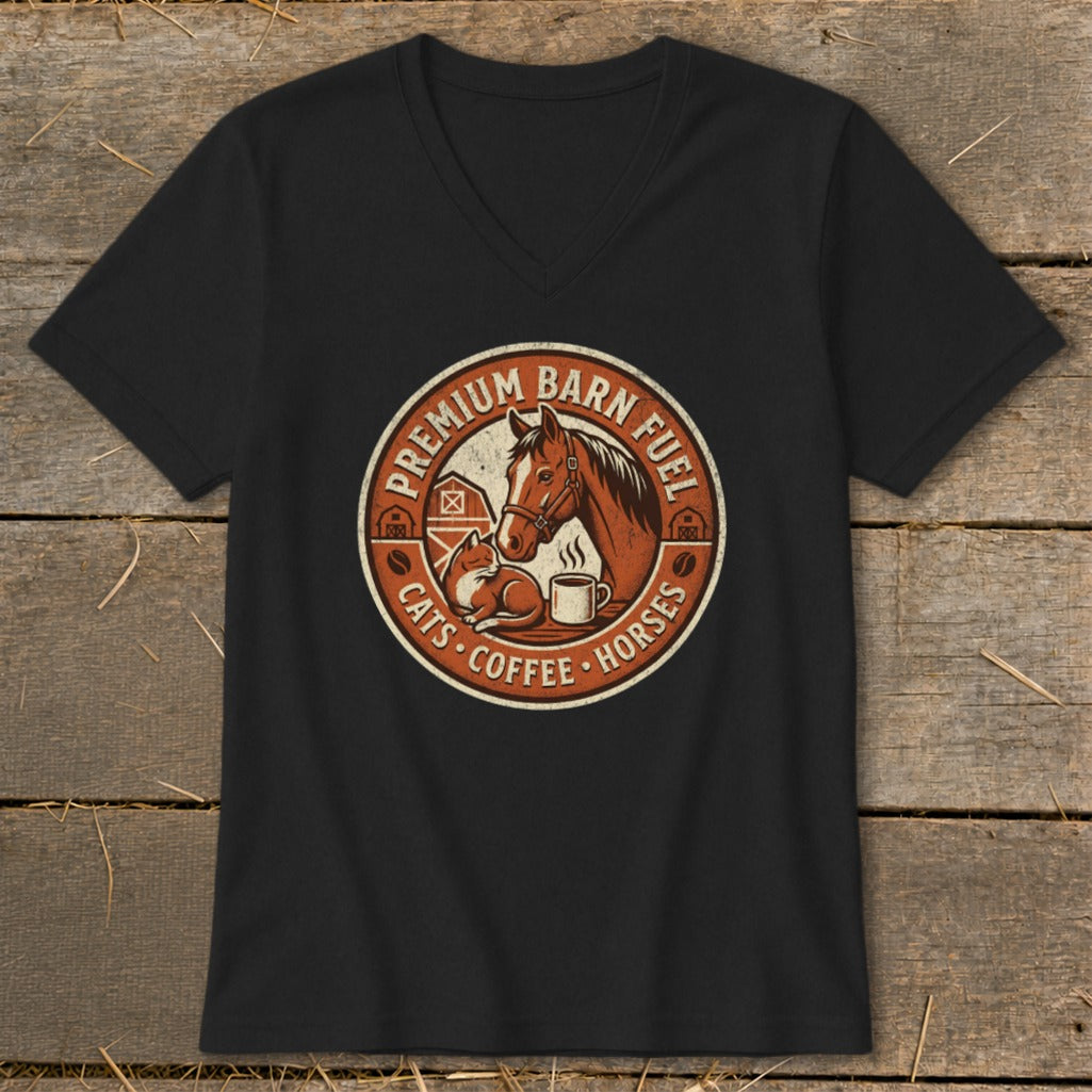 T-shirt graphic: Horse, cat, coffee, barn, and text "Premium Barn Fuel Cats Coffee Horses".