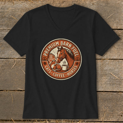 T-shirt graphic: Horse, cat, coffee, barn, and text "Premium Barn Fuel Cats Coffee Horses".