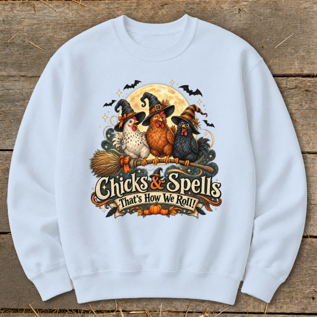 Three witch-hatted chickens on a broomstick with "Chicks & Spells" text.
