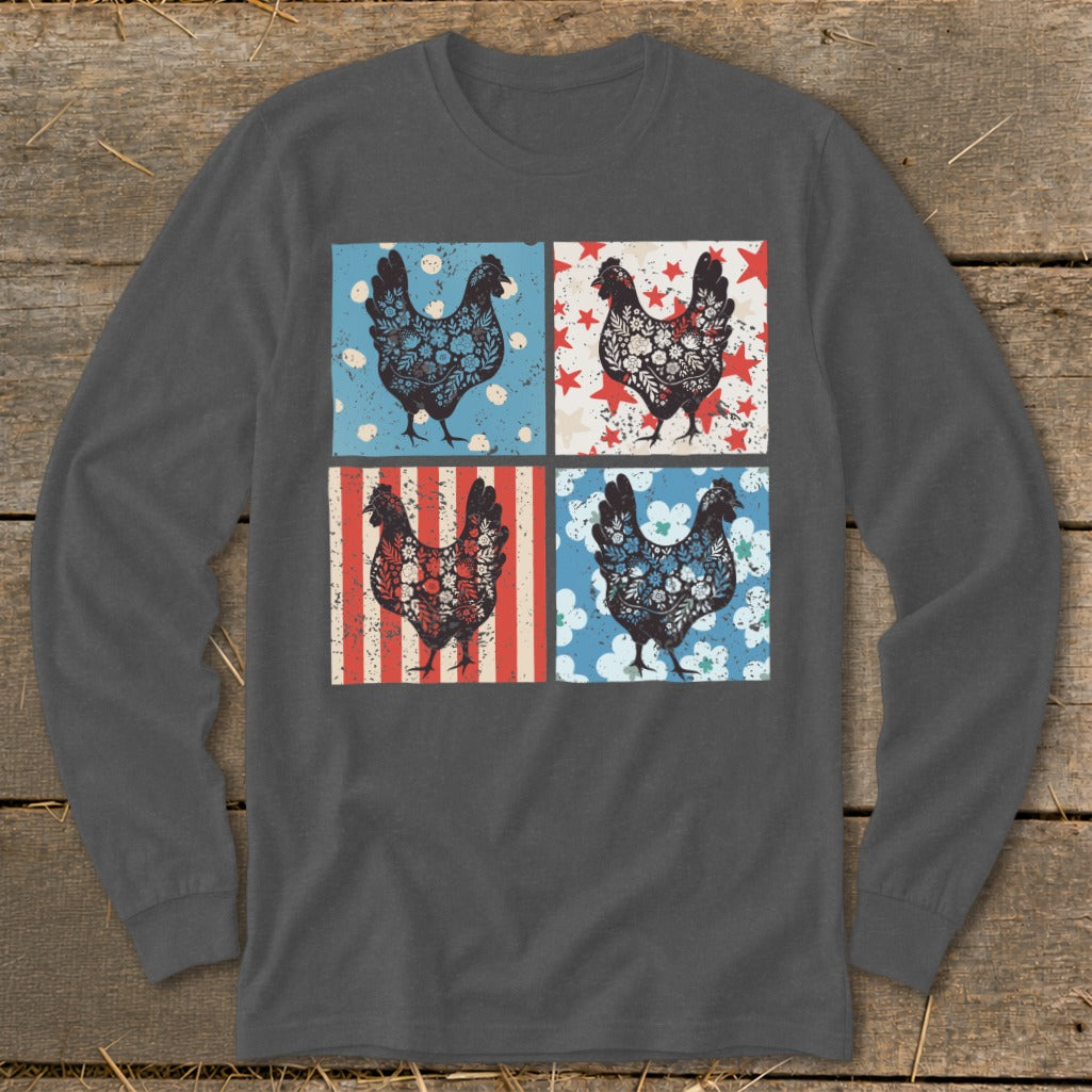 Four floral chickens in squares with red, white, and blue patriotic backgrounds.