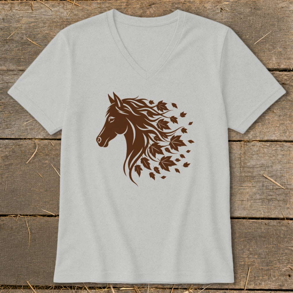 Light grey v-neck t-shirt with a brown horse head and falling leaves design.