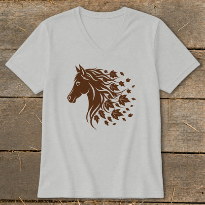 Light grey v-neck t-shirt with a brown horse head and falling leaves design.
