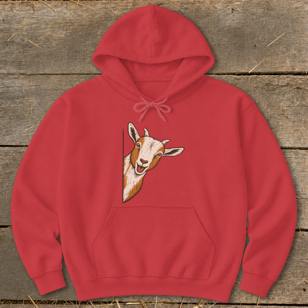Red hoodie with a peeking goat illustration on the front.
