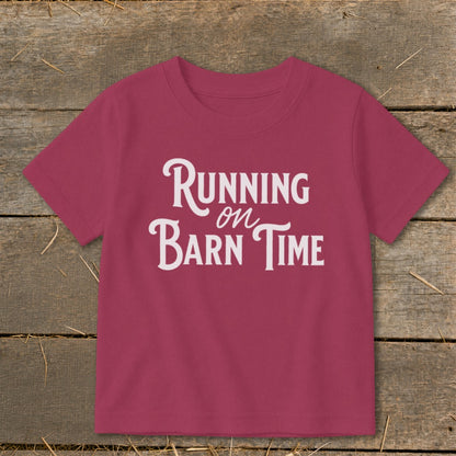 Maroon t-shirt with white text that reads "Running on Barn Time".