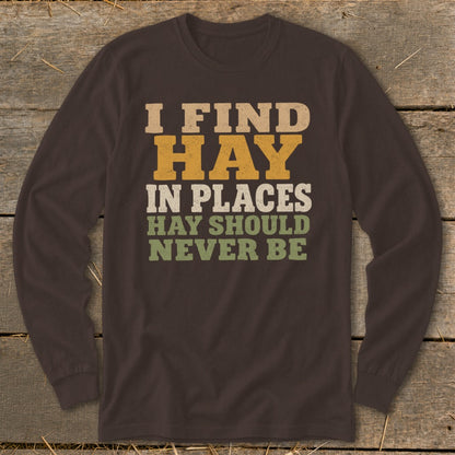 Brown long-sleeve shirt with text "I FIND HAY IN PLACES HAY SHOULD NEVER BE".
